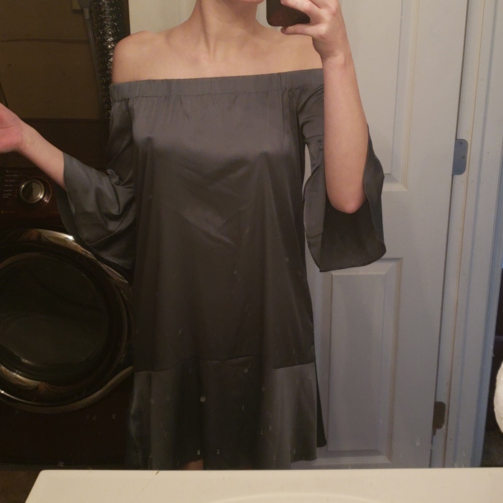 Womens silky dusty sage off the shoulder dress